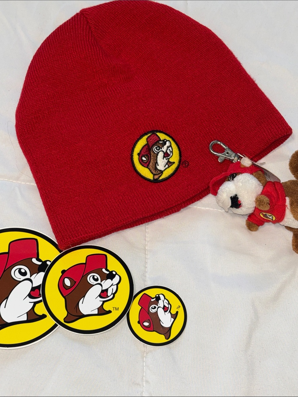 Buc-ee's Red Beanie Hat with Logo bundle w/ stickers and backpack clip